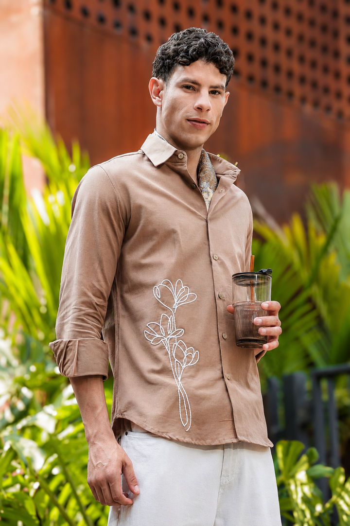 Rustic Flower Embroidery Brown Shirt