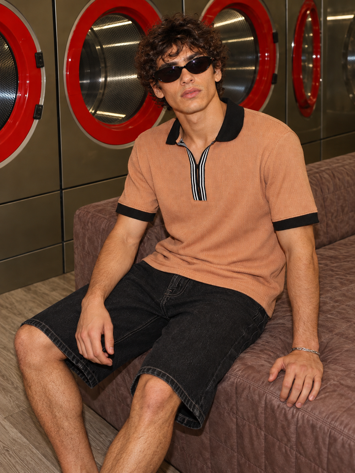 Korean Collar: Brown Textured fabric Polo