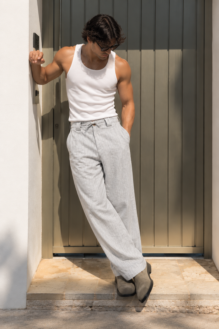 Straight Fit : Linen Light Blue Stripes