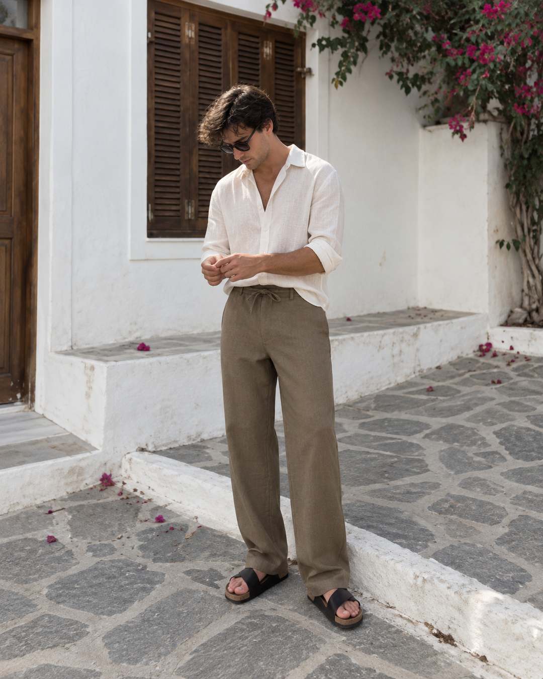 Linen : Nut-Brown Relaxed Fit Trousers