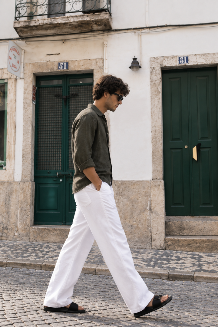Linen : White Relaxed Fit Trousers