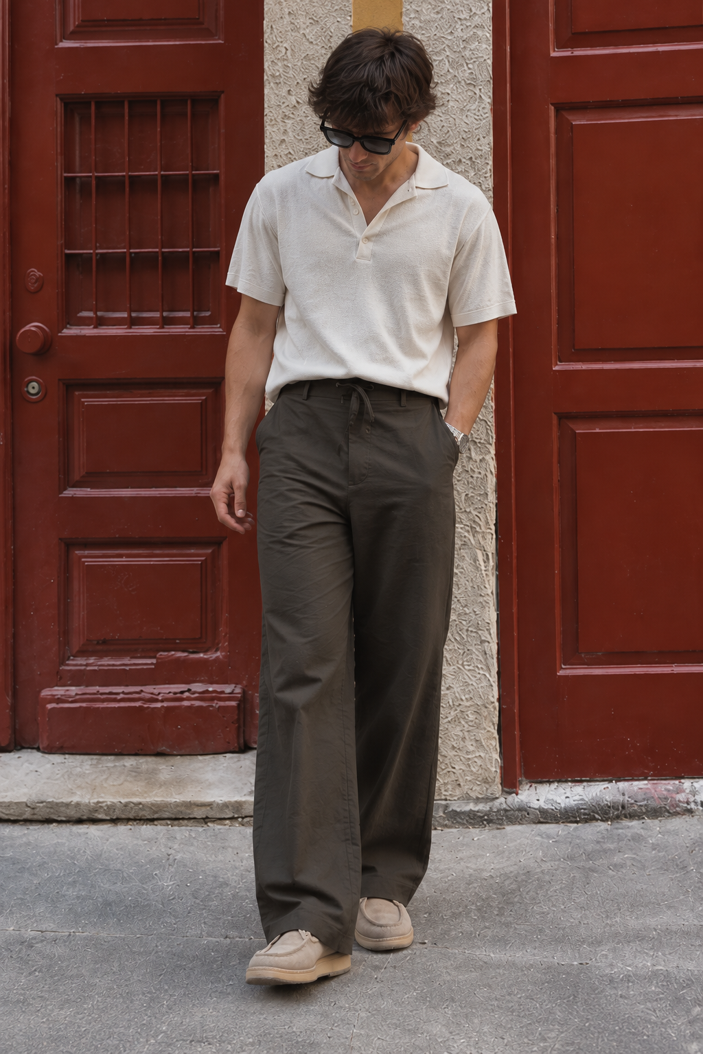 Linen : Dark Olive Relaxed Fit Trousers