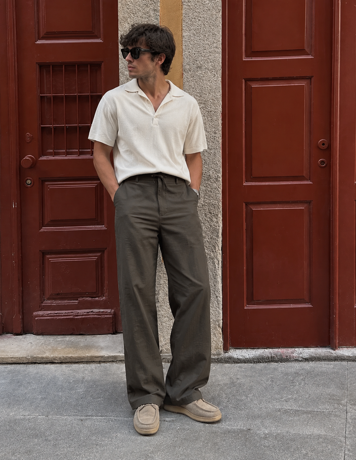 Linen : Dark Olive Relaxed Fit Trousers