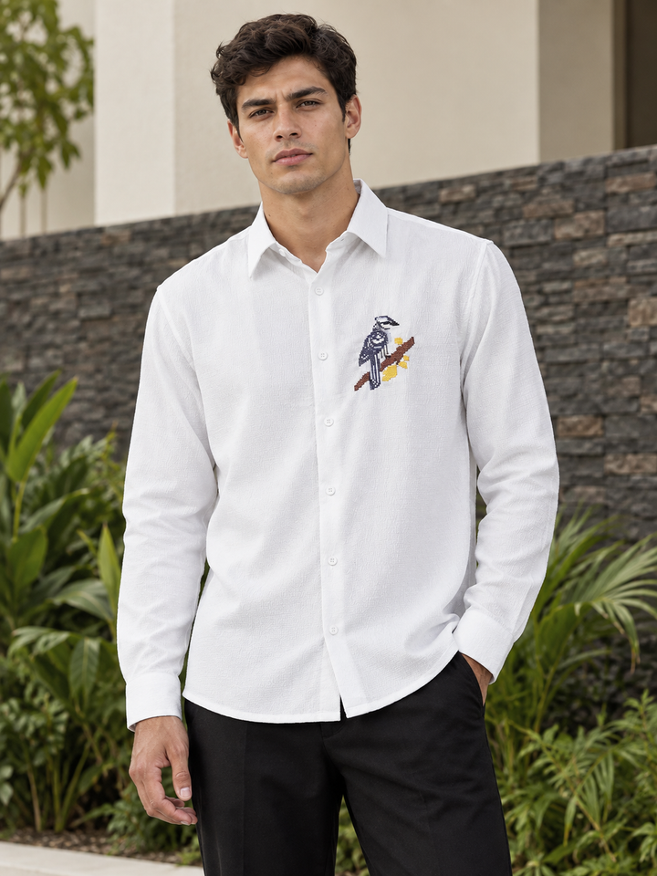 Cross Stitch Bird Embroidery White Textured Fabric Shirt