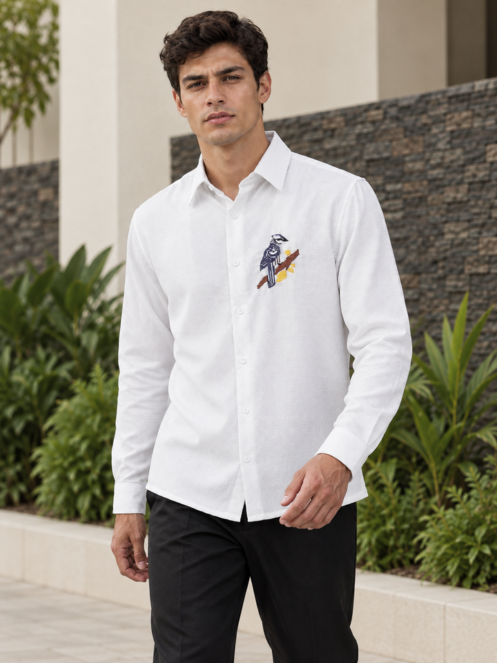 Cross Stitch Bird Embroidery White Textured Fabric Shirt