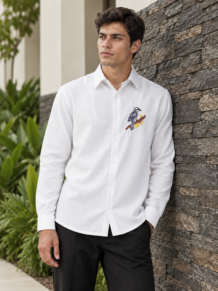 Cross Stitch Bird Embroidery White Textured Fabric Shirt