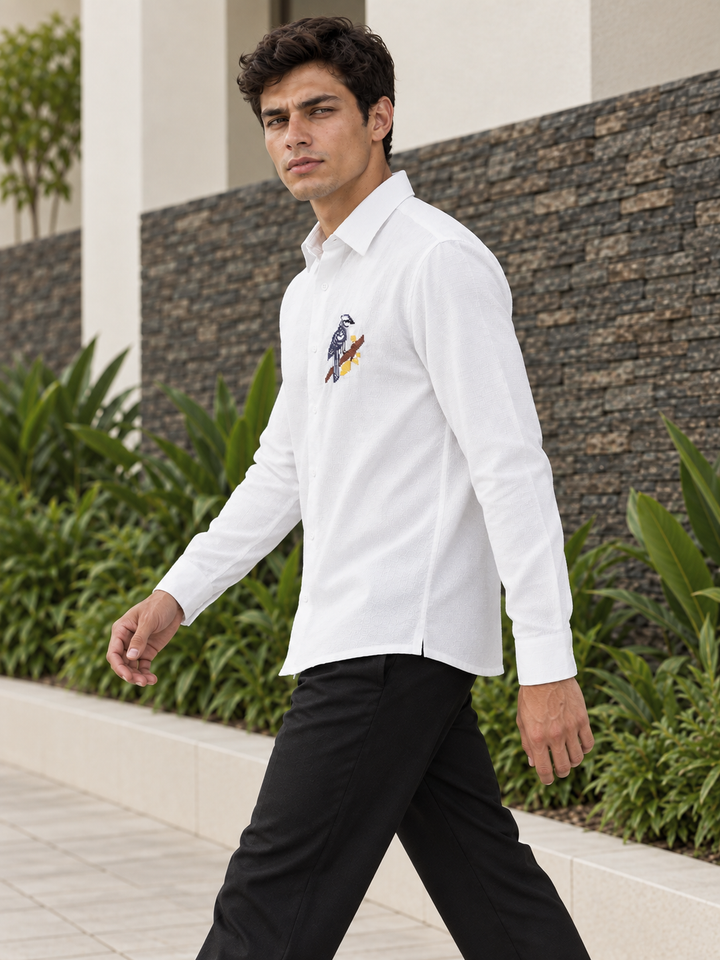 Cross Stitch Bird Embroidery White Textured Fabric Shirt