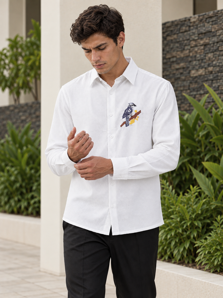 Cross Stitch Bird Embroidery White Textured Fabric Shirt