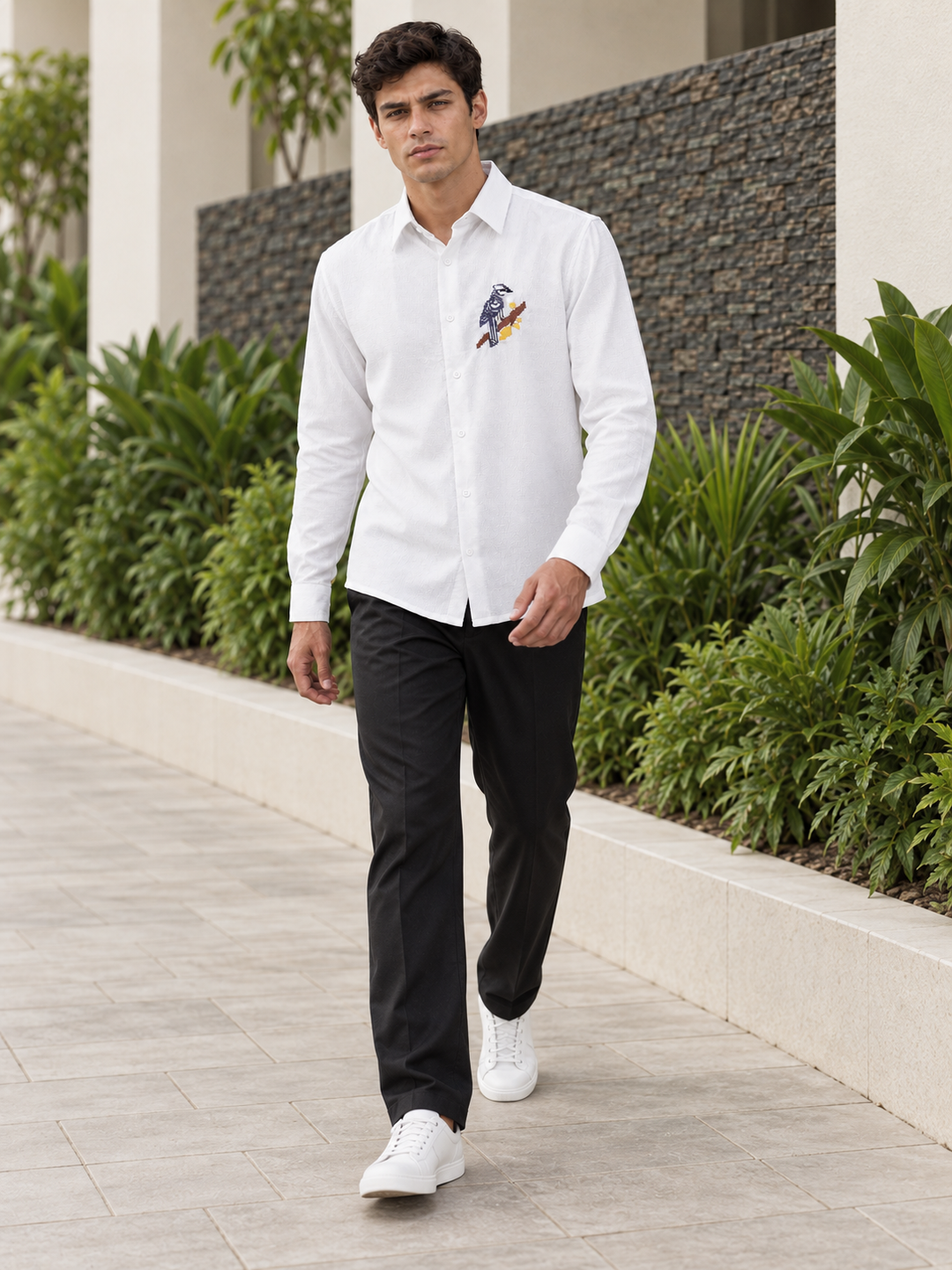Cross Stitch Bird Embroidery White Textured Fabric Shirt