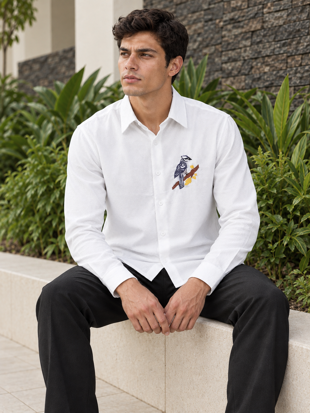 Cross Stitch Bird Embroidery White Textured Fabric Shirt