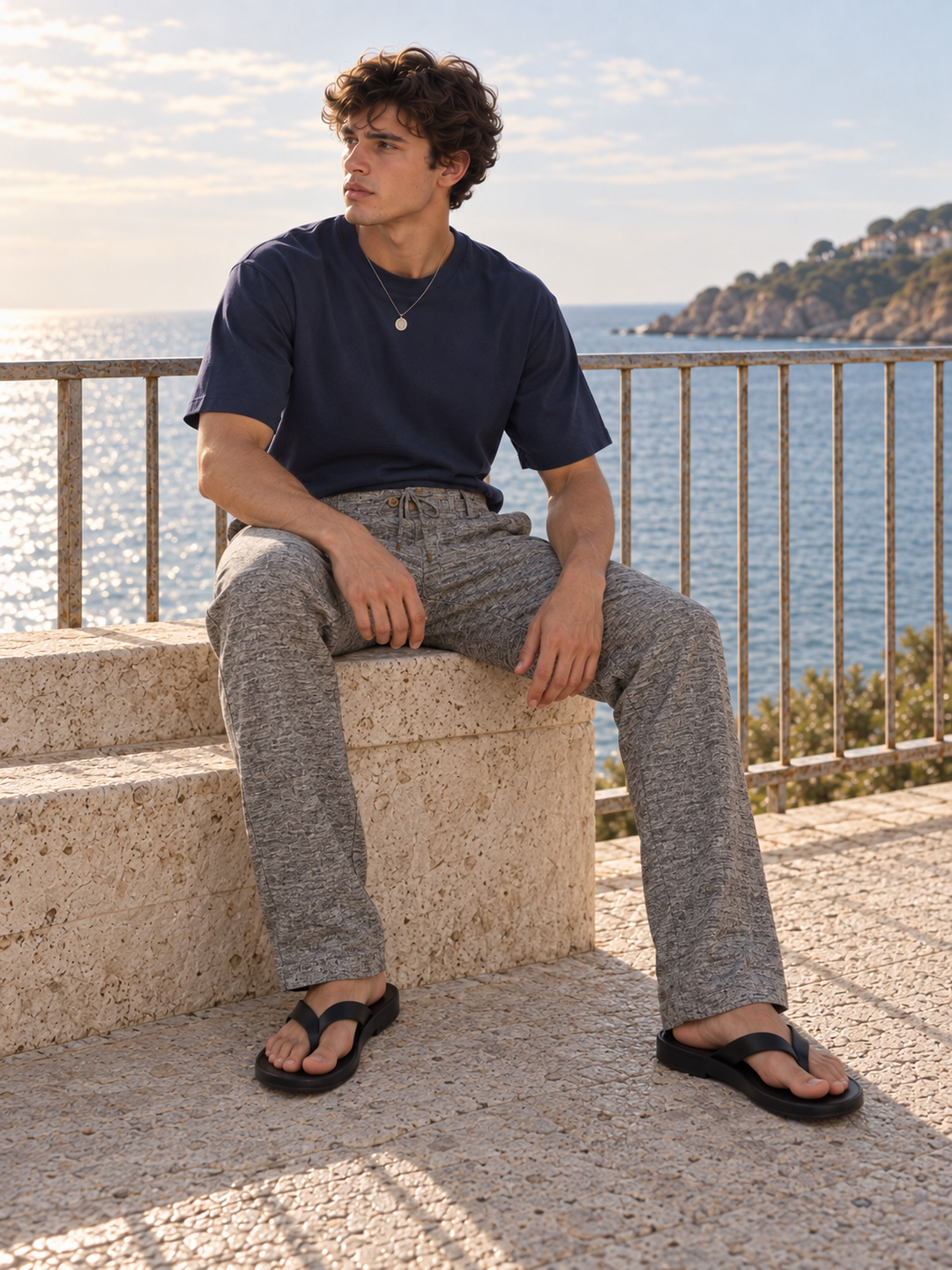 Straight Fit : Linen Grey Stripes