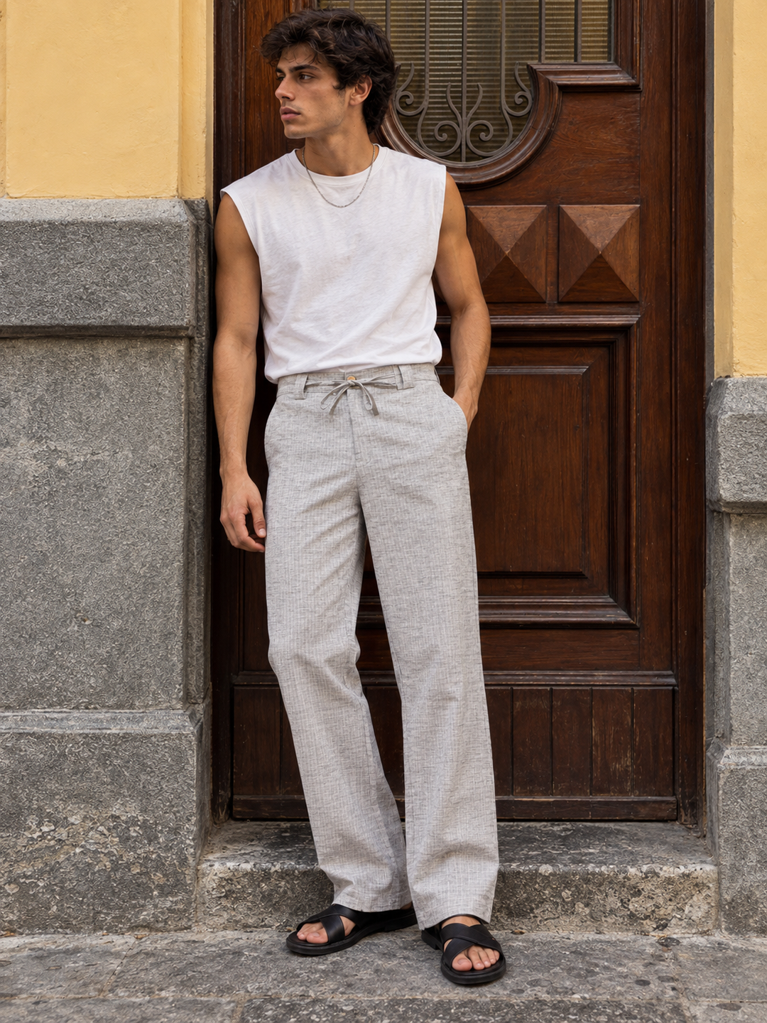 Straight Fit : Linen Light Grey Stripes