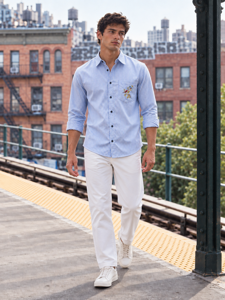 Stripes: Grace Pocket Embroidery Blue Shirt