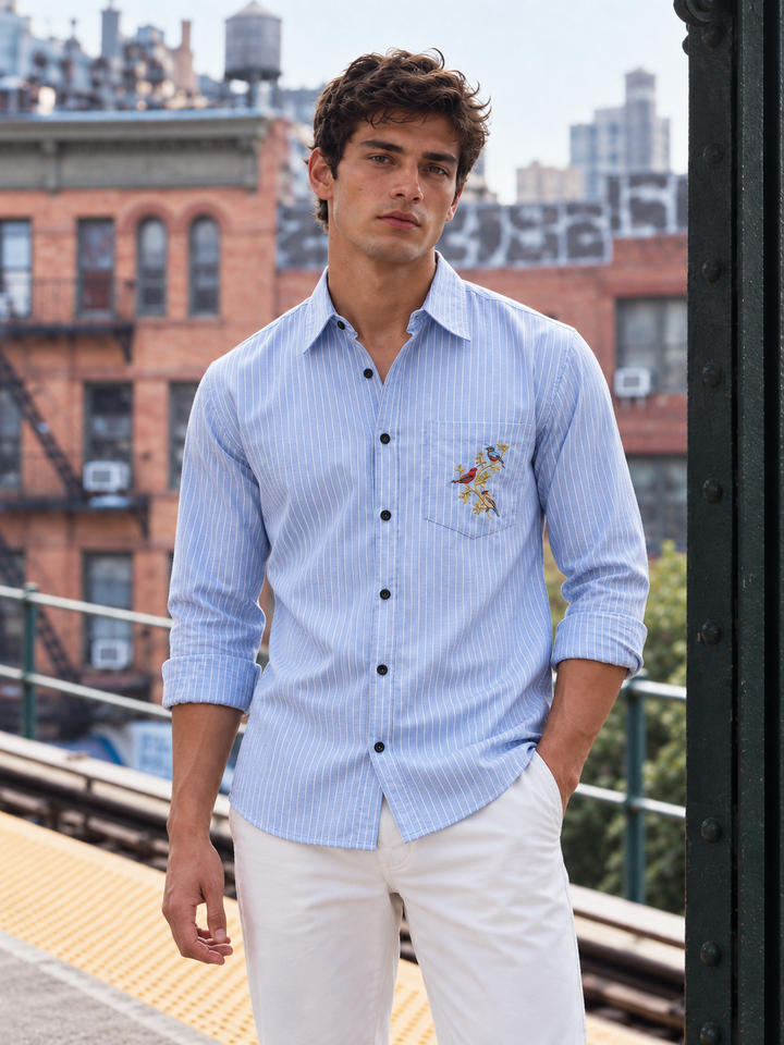 Stripes: Grace Pocket Embroidery Blue Shirt