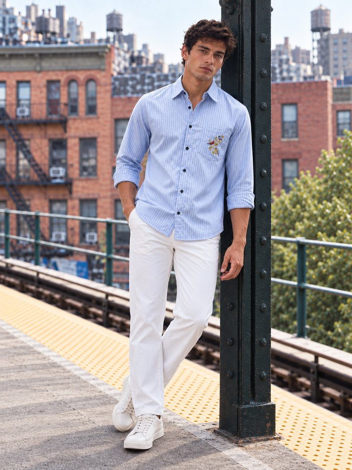 Stripes: Grace Pocket Embroidery Blue Shirt