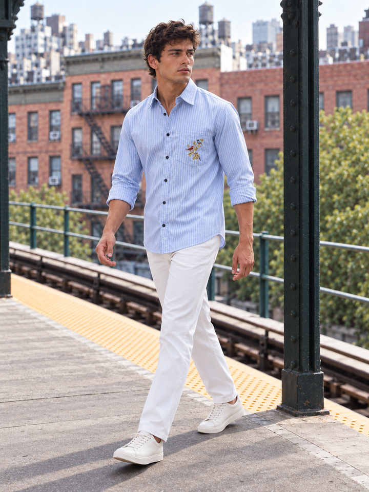 Stripes: Grace Pocket Embroidery Blue Shirt