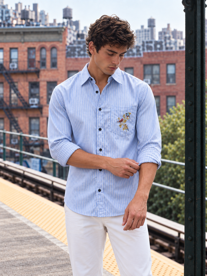 Stripes: Grace Pocket Embroidery Blue Shirt
