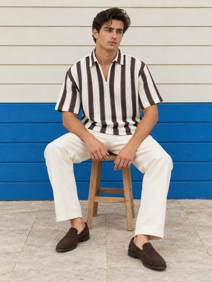 Short Sleeve : Brown Stripes Crochet Shirt