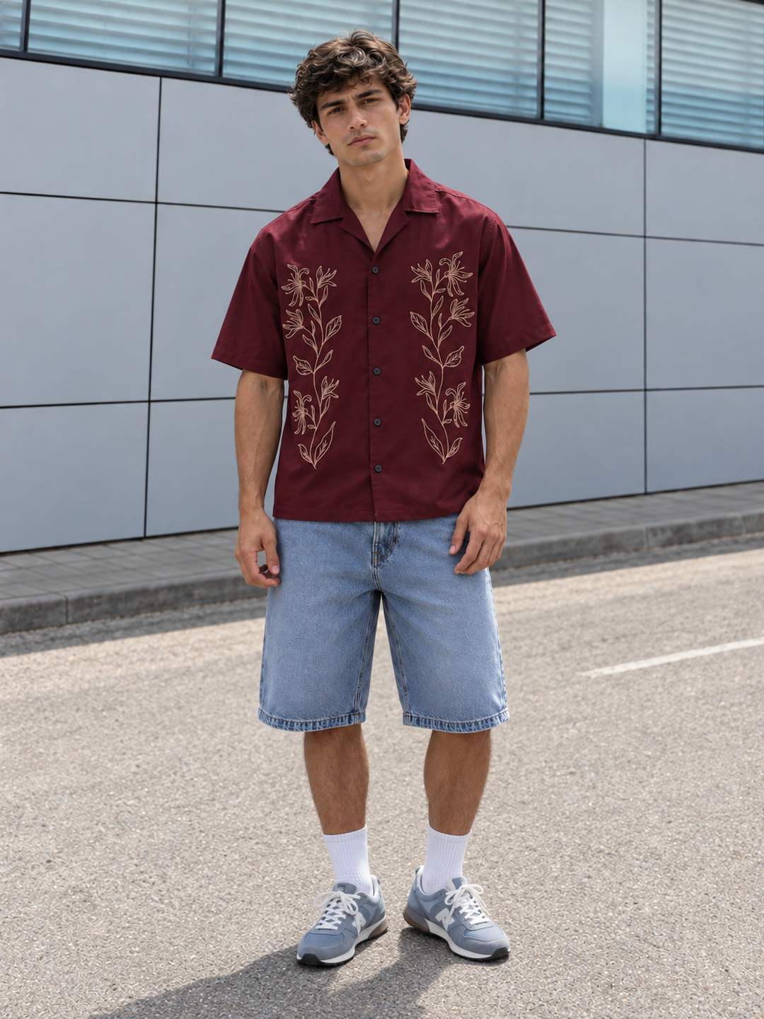 Crimson Floral Embroidery Cuban Shirt