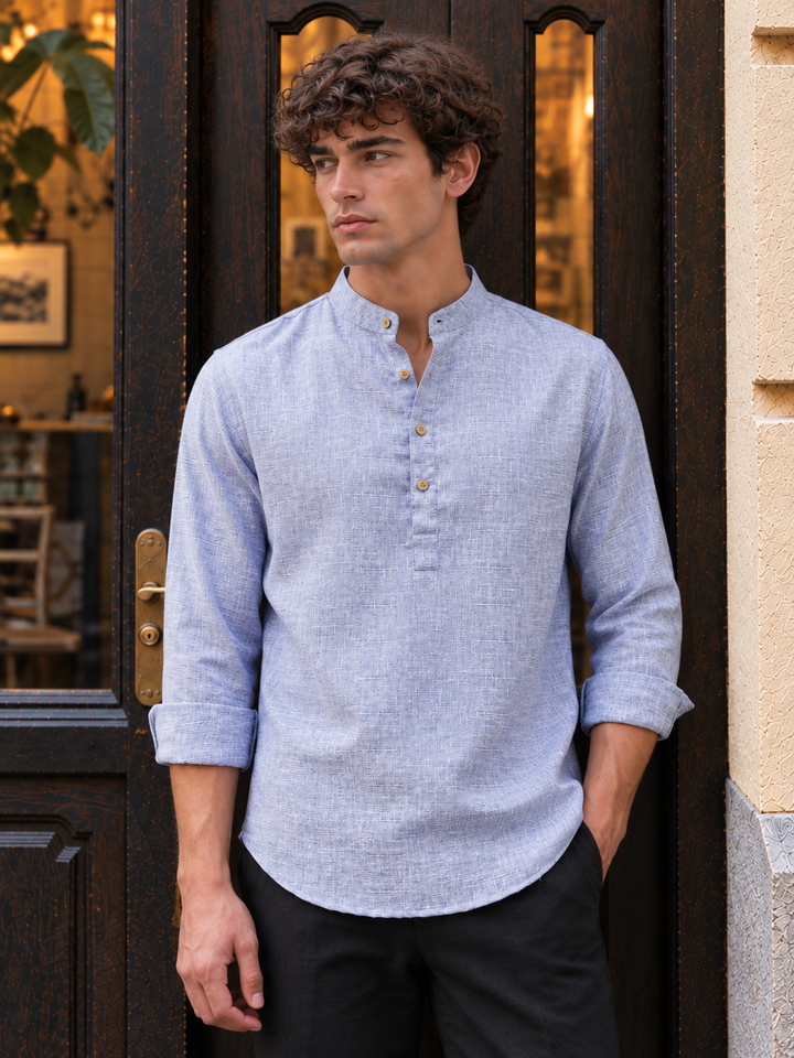 Linen : Light Blue  Mandarin Collar Shirt