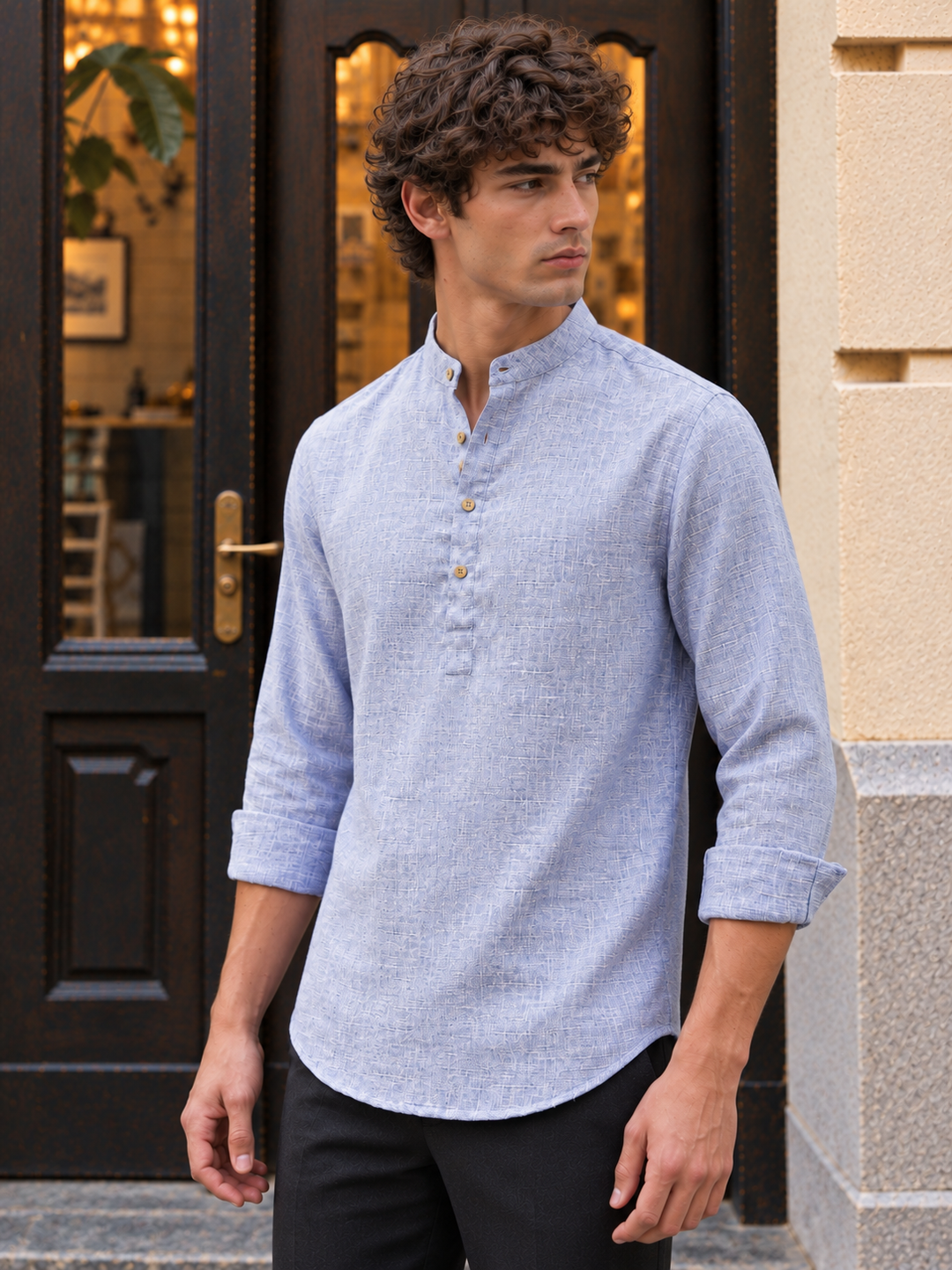 Linen : Light Blue  Mandarin Collar Shirt