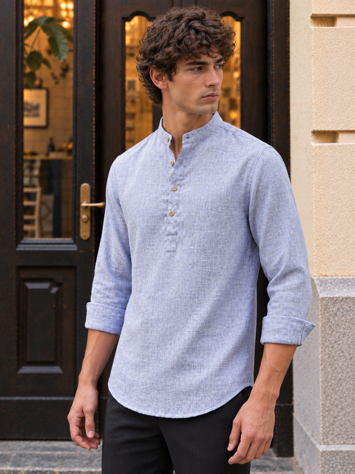 Linen : Light Blue  Mandarin Collar Shirt