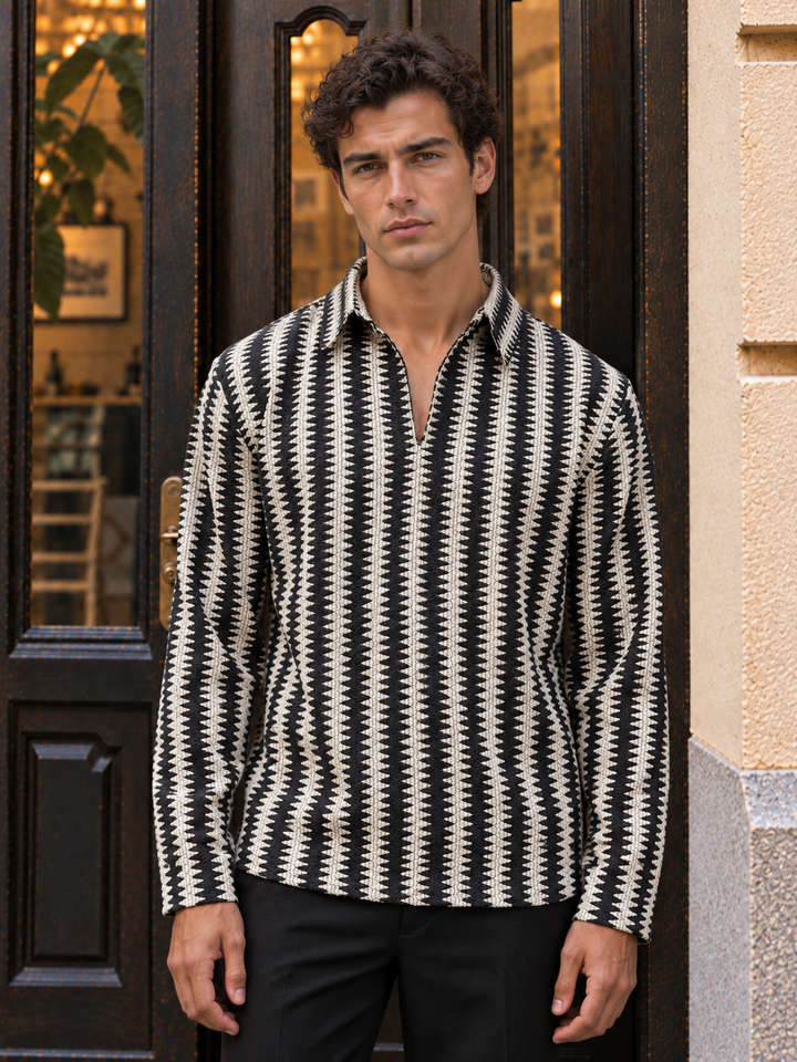 Long Sleeves : Black & Cream Zig Zag Crochet Shirt