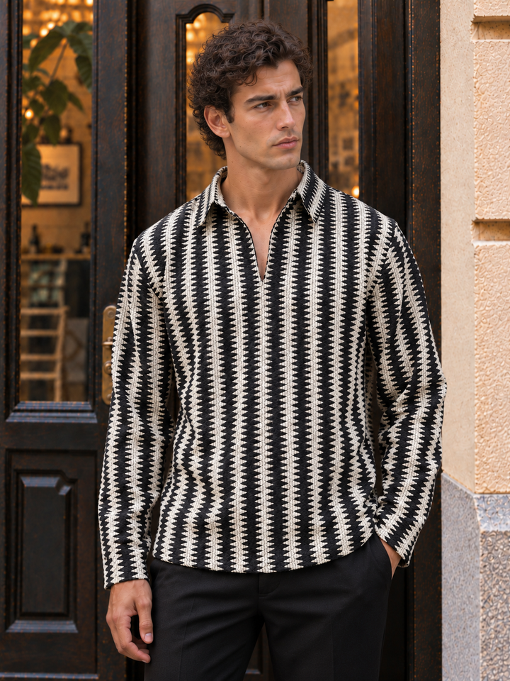 Long Sleeves : Black & Cream Zig Zag Crochet Shirt