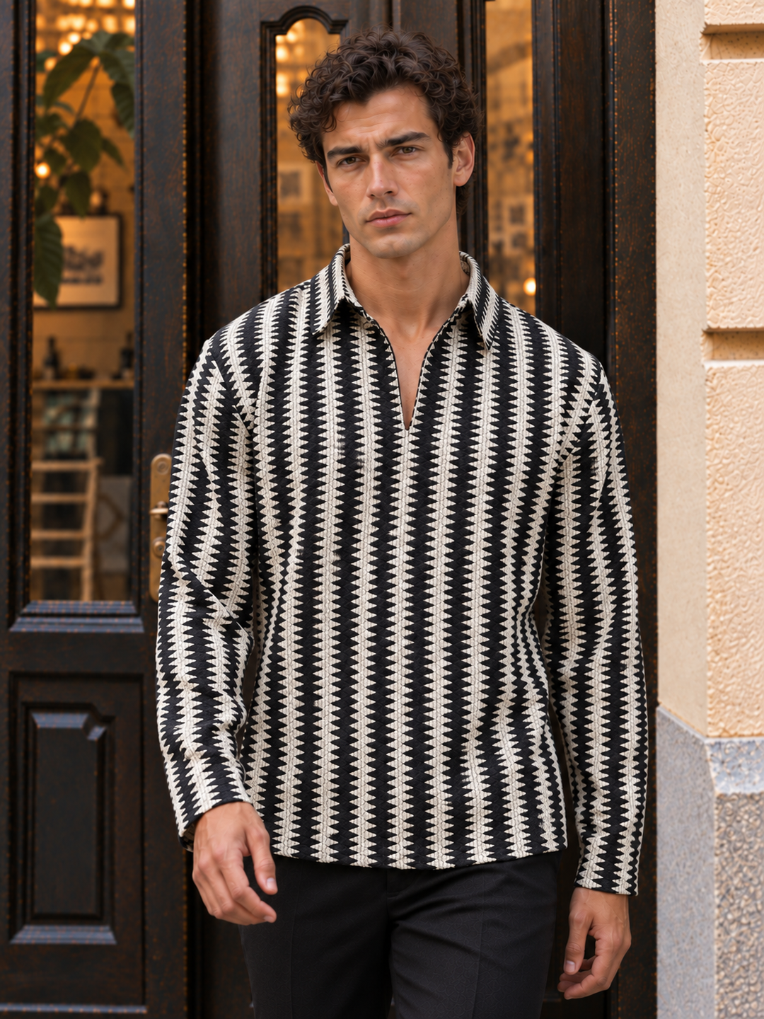 Long Sleeves : Black & Cream Zig Zag Crochet Shirt