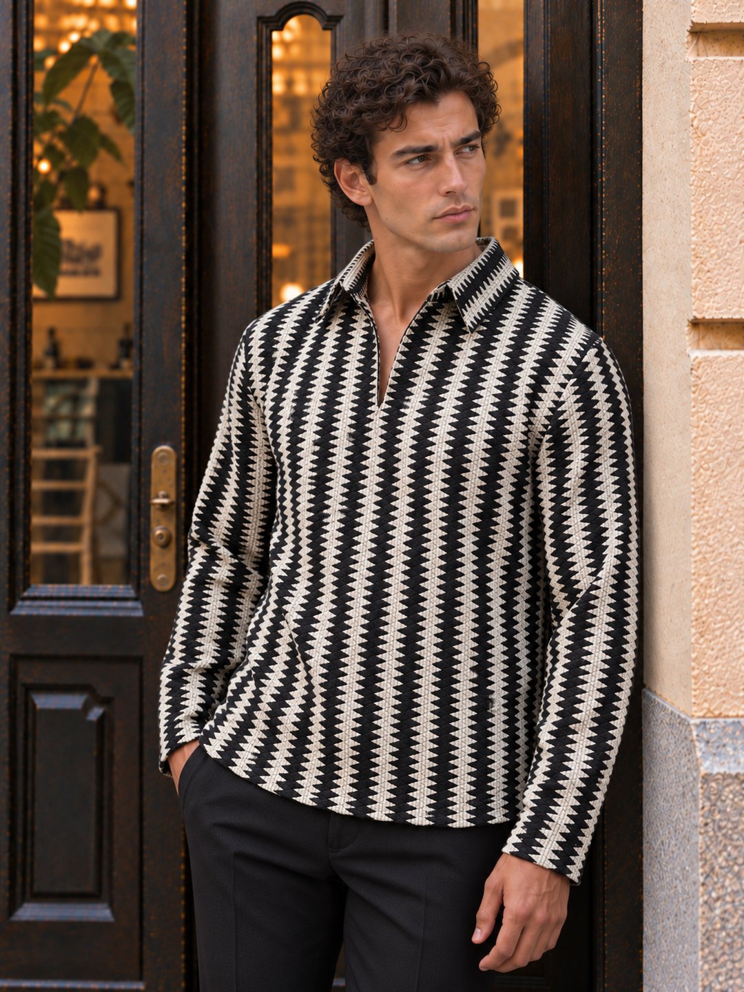 Long Sleeves : Black & Cream Zig Zag Crochet Shirt