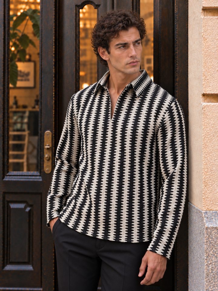 Long Sleeves : Black & Cream Zig Zag Crochet Shirt