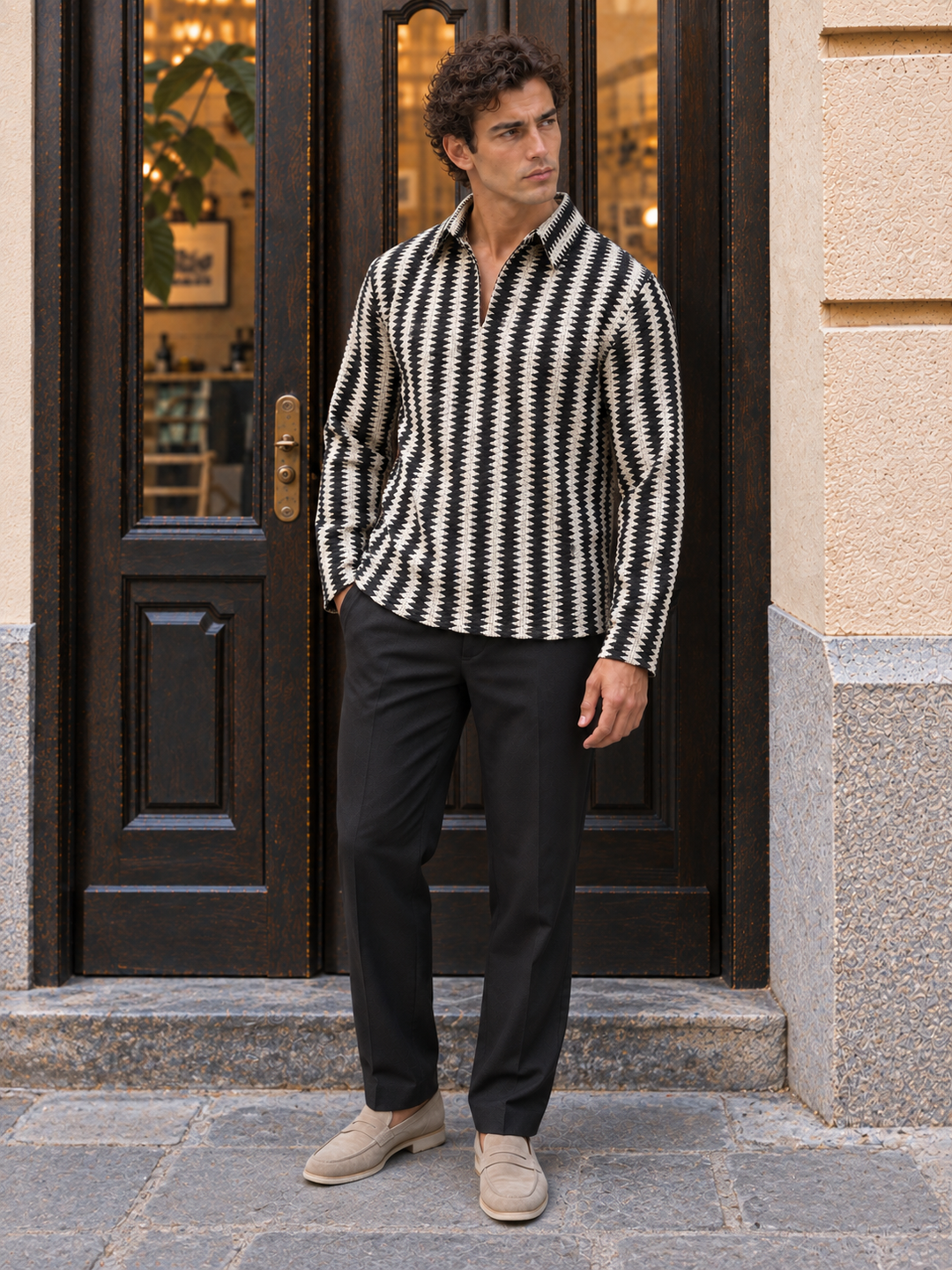 Long Sleeves : Black & Cream Zig Zag Crochet Shirt