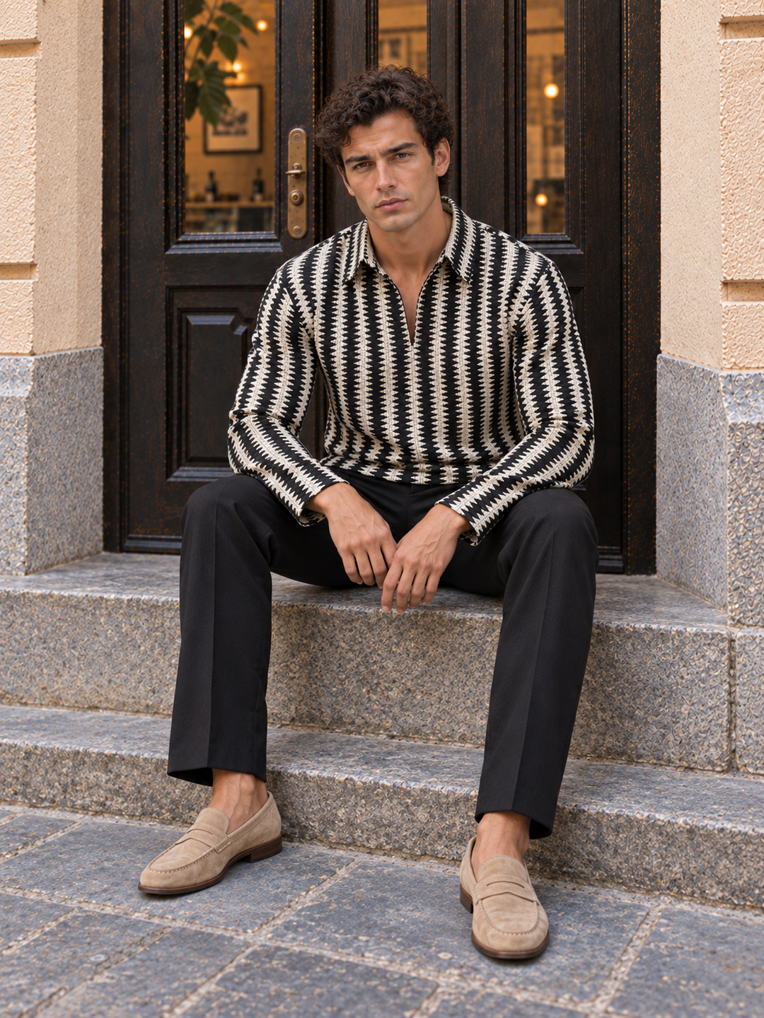 Long Sleeves : Black & Cream Zig Zag Crochet Shirt