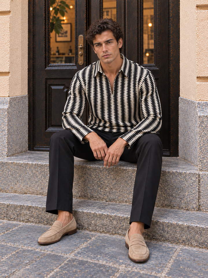 Long Sleeves : Black & Cream Zig Zag Crochet Shirt