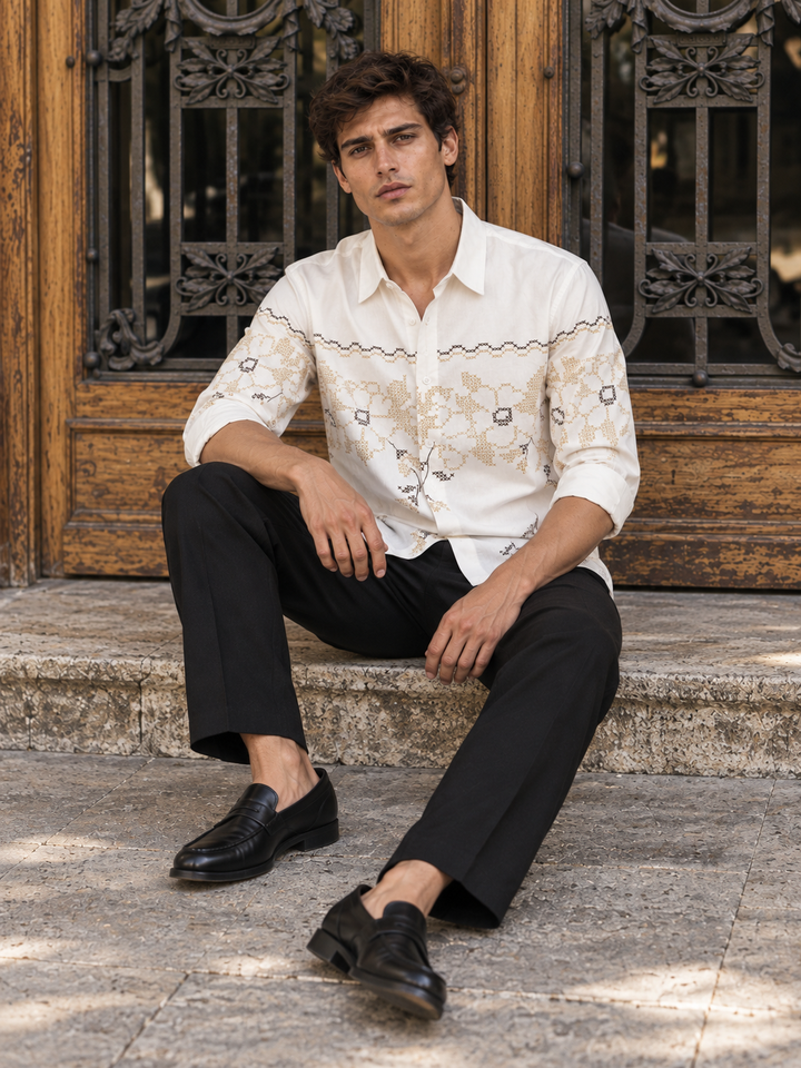 Floral Block Print Cream Printed Shirt