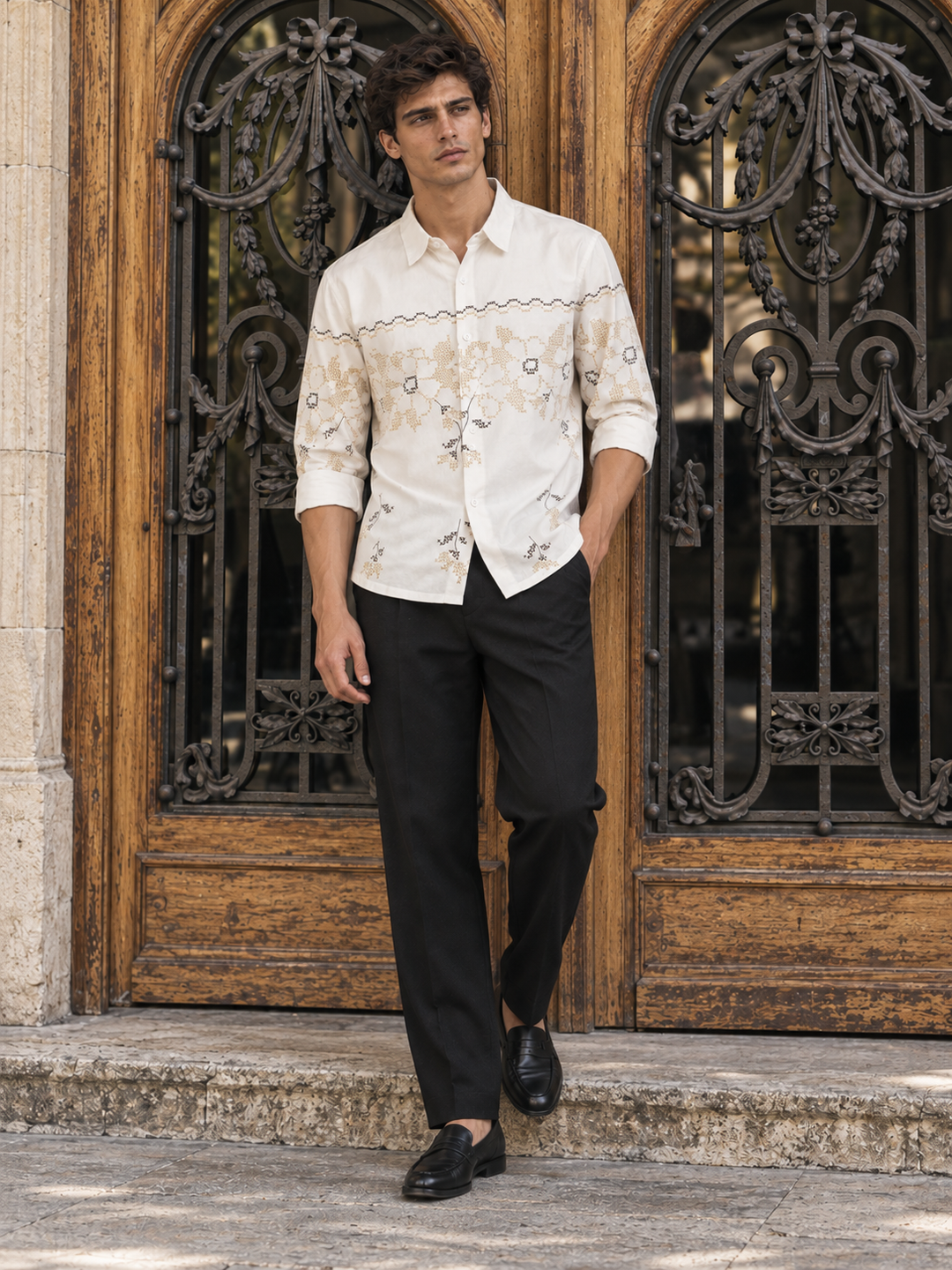 Floral Block Print Cream Printed Shirt