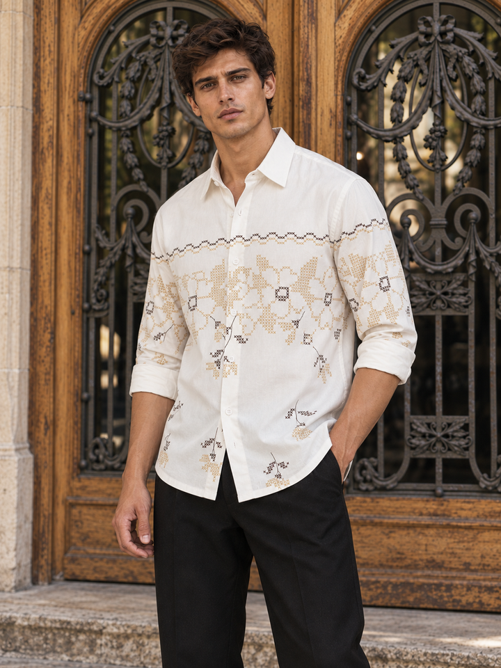 Floral Block Print Cream Printed Shirt
