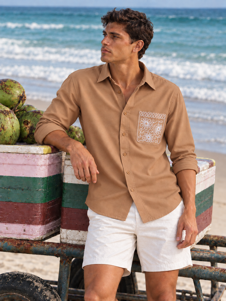 Pocket Floral Embroidery : Linen Brown Shirt
