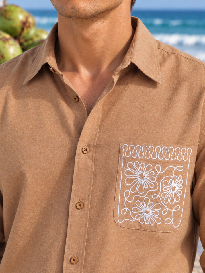 Pocket Floral Embroidery : Linen Brown Shirt