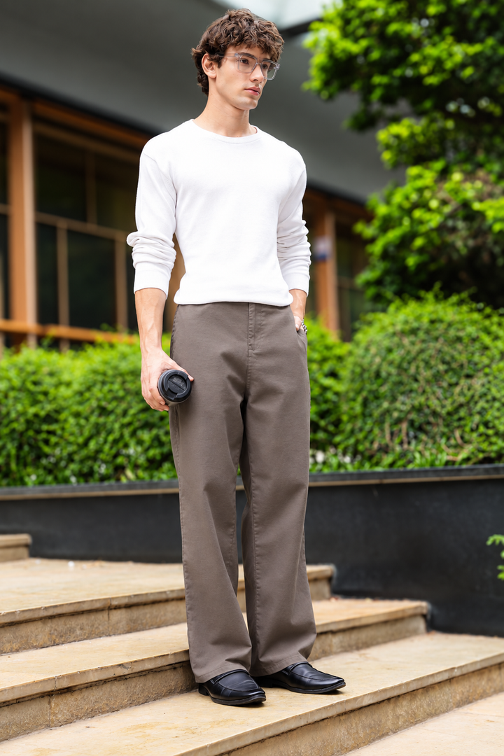 Linen : Brown Relaxed Fit Trousers