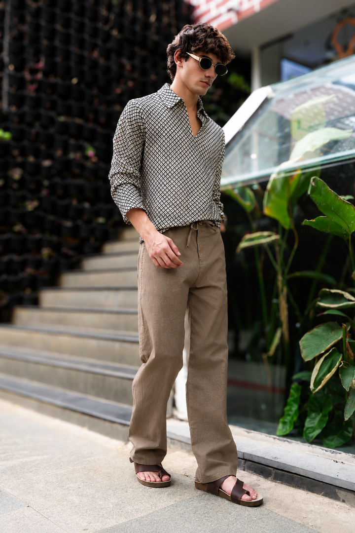Linen : Nut-Brown Relaxed Fit Trousers
