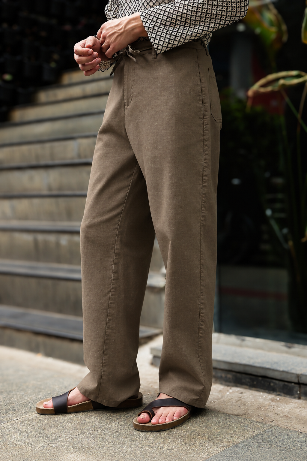 Linen : Nut-Brown Relaxed Fit Trousers