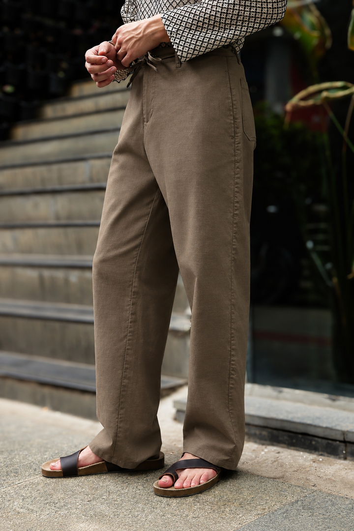 Linen : Nut-Brown Relaxed Fit Trousers