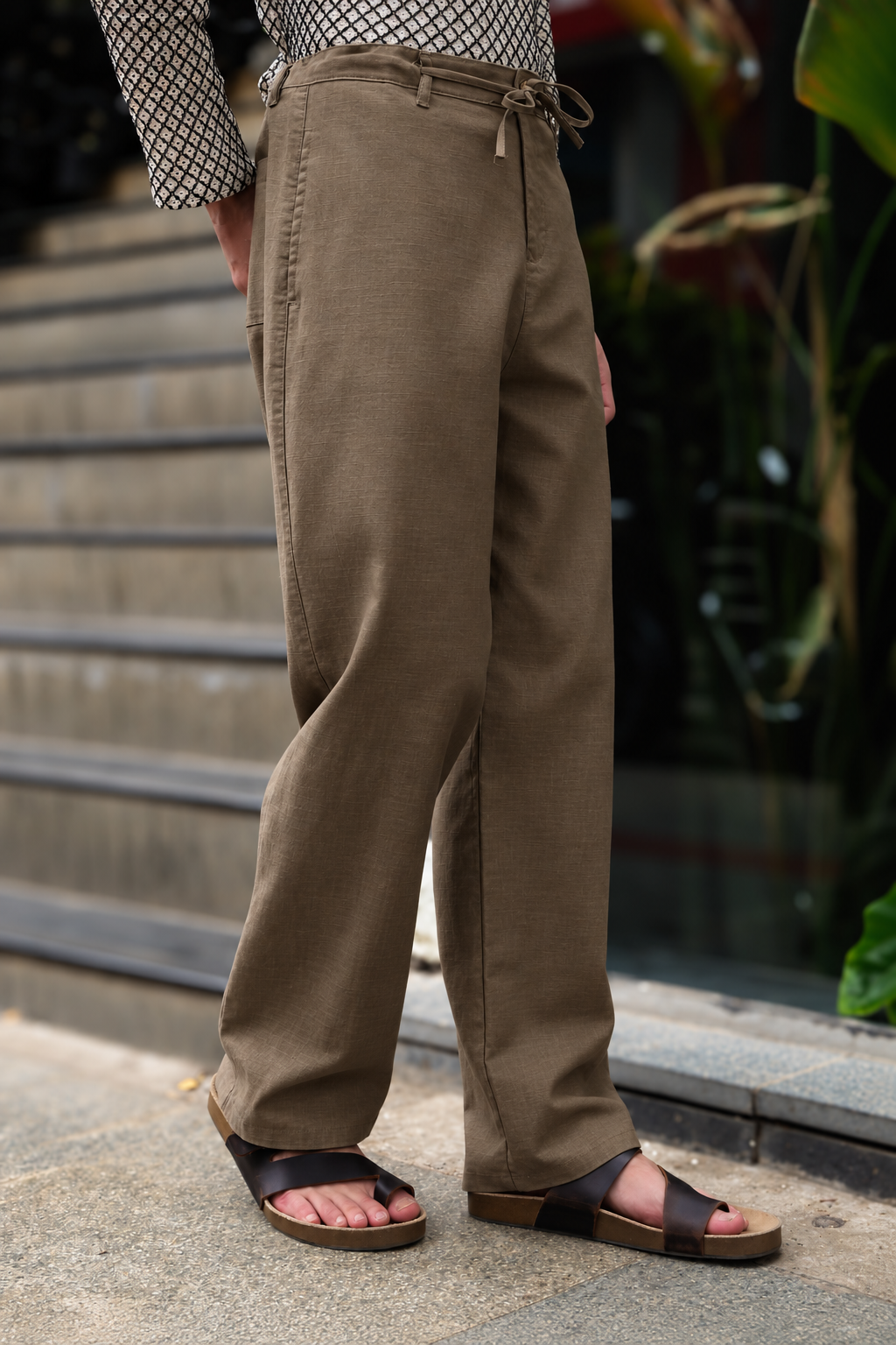 Linen : Nut-Brown Relaxed Fit Trousers