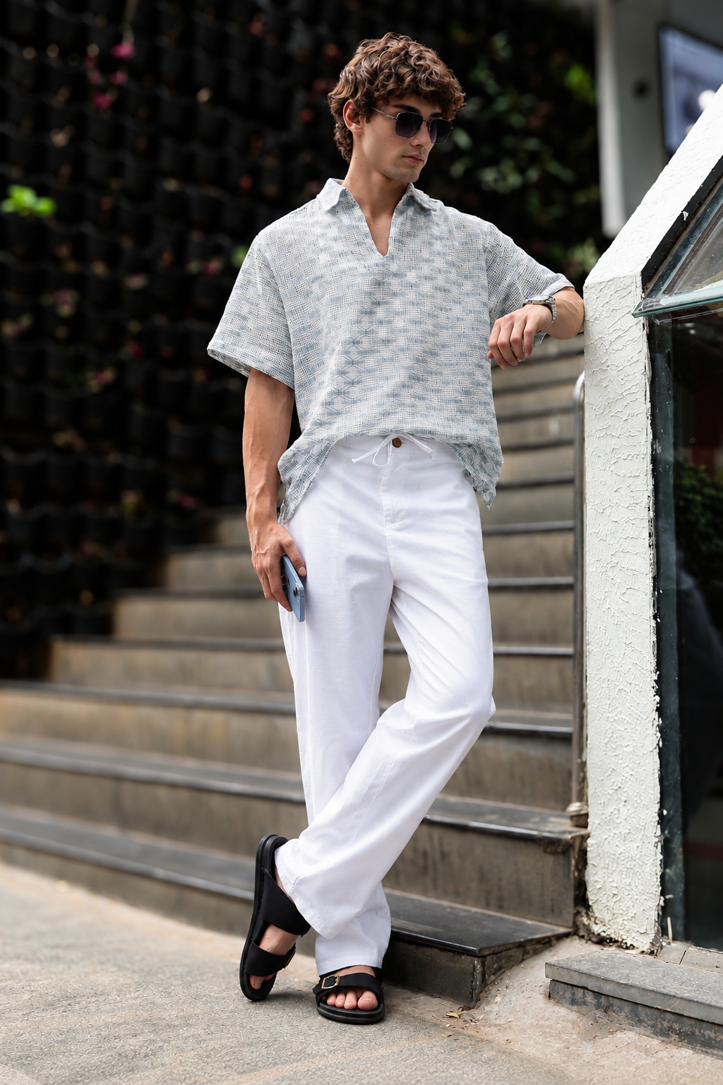 Linen : White Relaxed Fit Trousers
