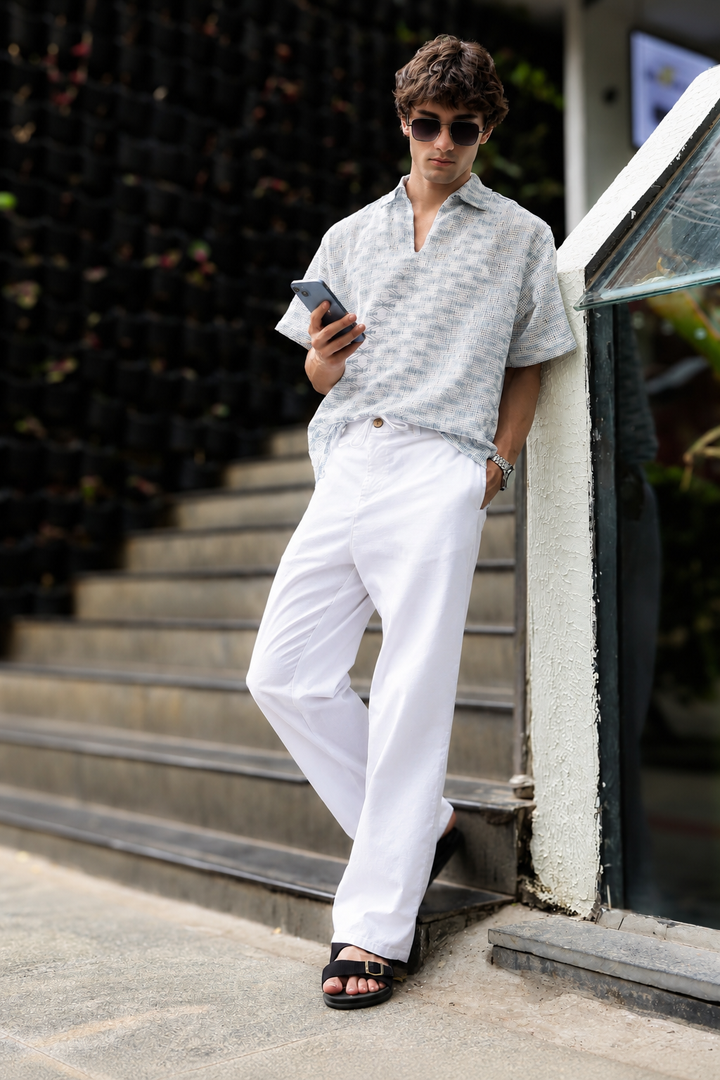 Linen : White Relaxed Fit Trousers