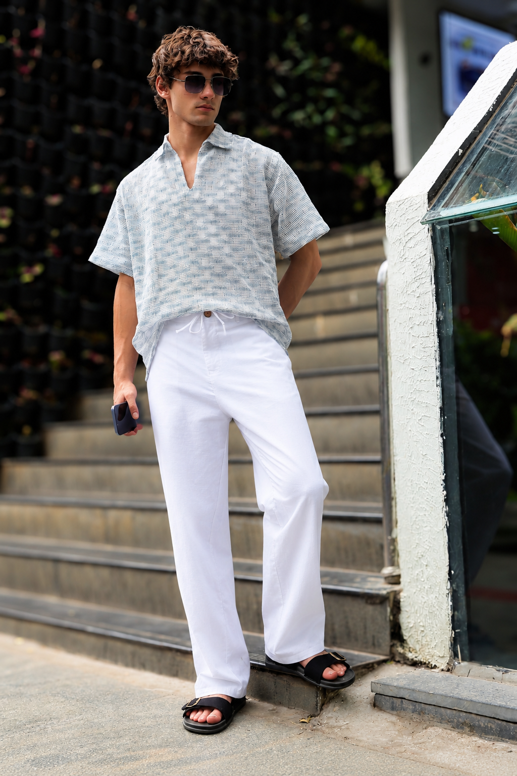 Linen : White Relaxed Fit Trousers