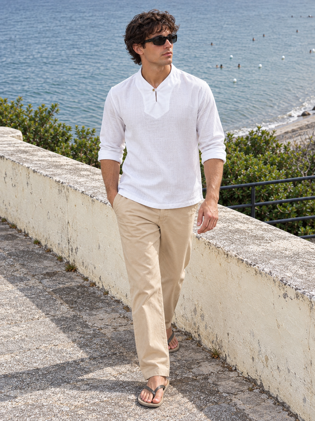 Plain Collar: White Linen Kurta