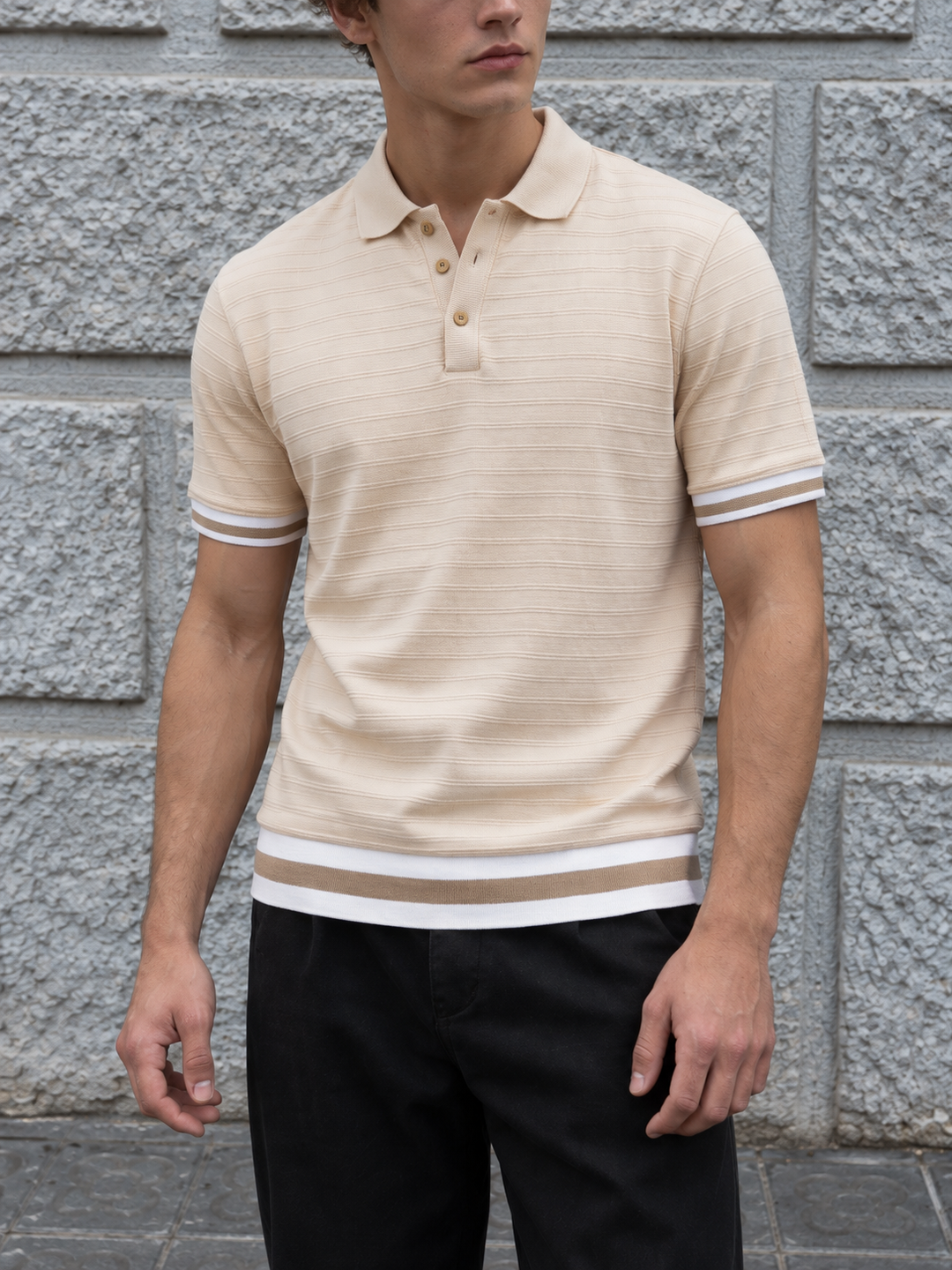 Classic Ochre Stripes Textured Polo