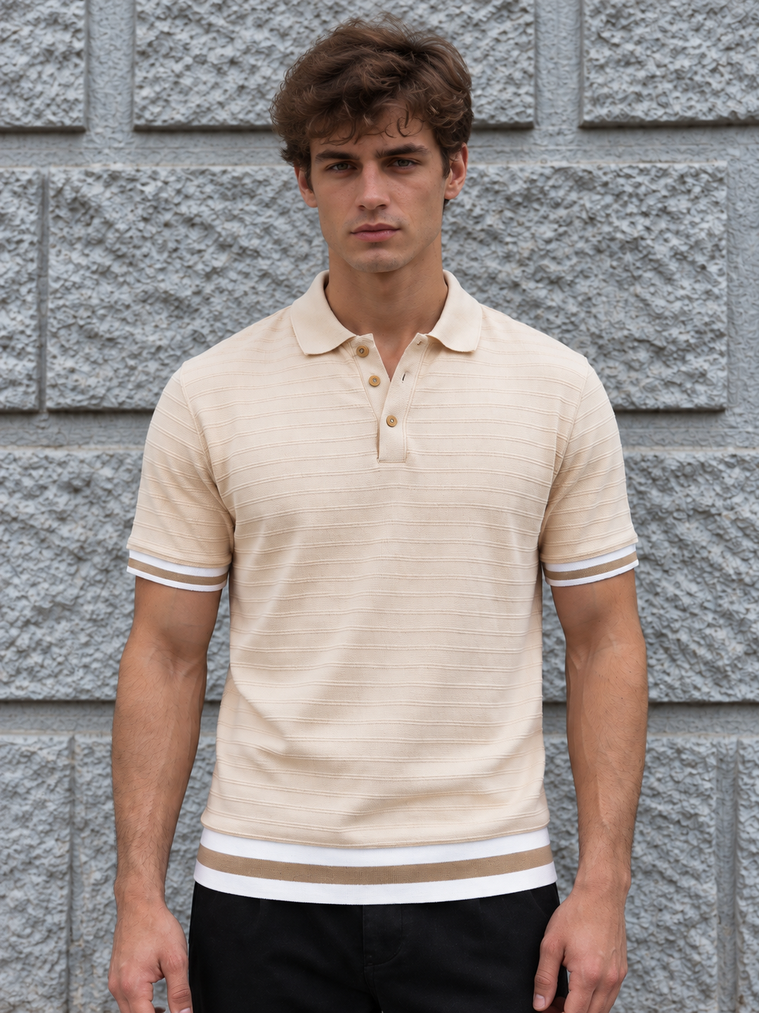 Classic Ochre Stripes Textured Polo